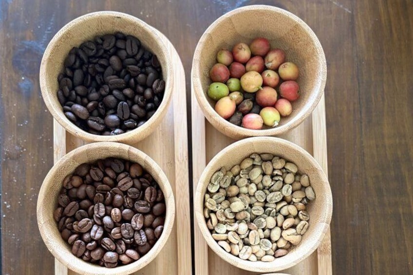Cuatro tazones de madera que contienen diferentes tipos de granos de café y frutas. 4