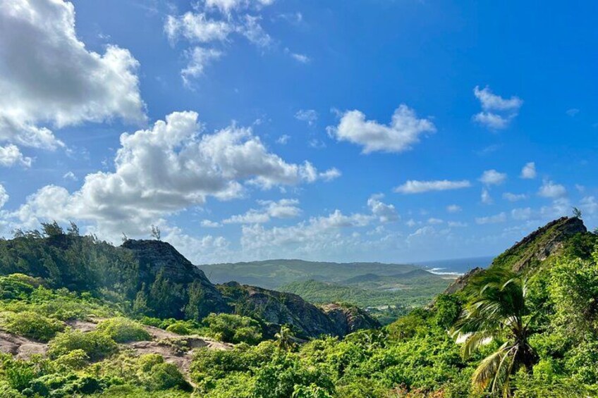 A mountainous landscape with lush greenery and a clear blue sky. 3