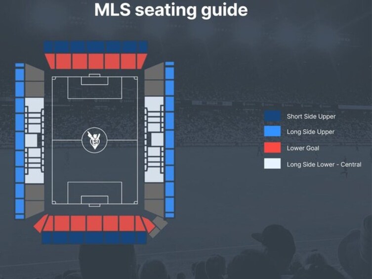A stadium seating guide with sections marked for Short Side Upper, Long Side Upper, Lower Goal, and Long Side Lower - Central. 2
