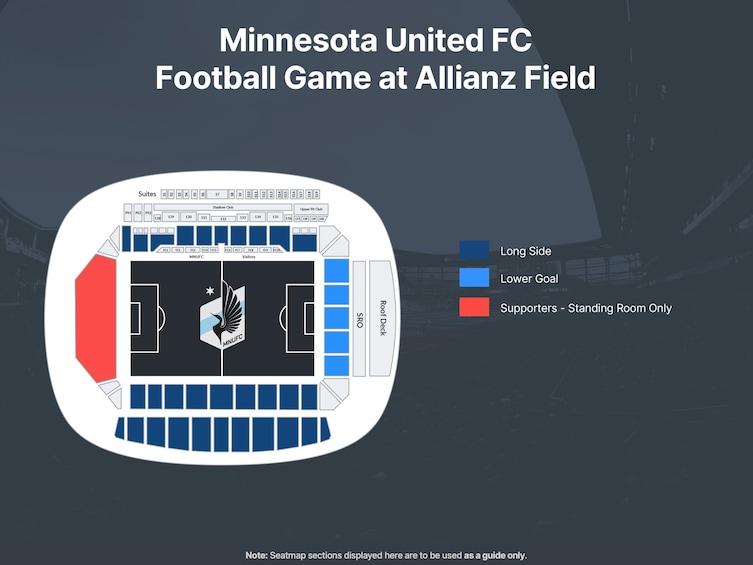 A stadium layout for a Minnesota United FC football game at Allianz Field, including sections for long sides, lower goals, and standing room only for supporters. 2