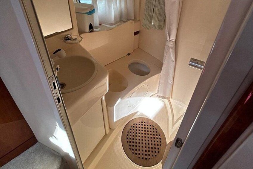 Un baño pequeño con inodoro, lavamanos y zona de ducha. 5
