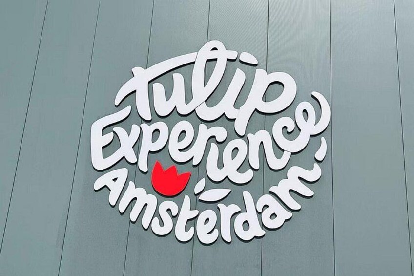 A sign with the words 'Tulip Experience Amsterdam' on a wooden background. 5