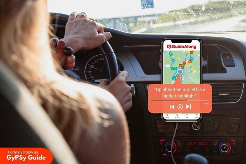 A person driving with a smartphone displaying a navigation app. 1