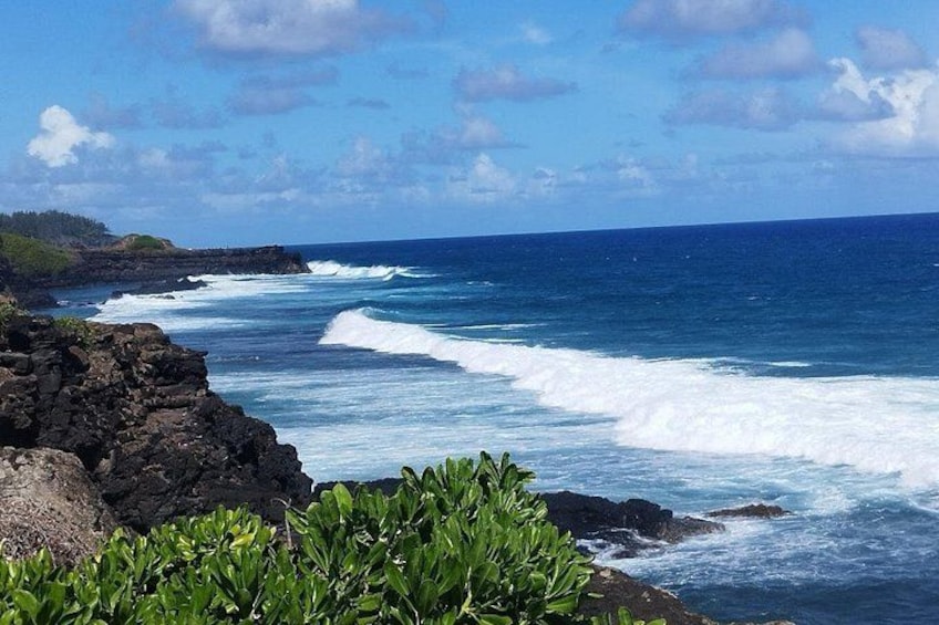 A coastal landscape with rocky cliffs, ocean waves, and lush greenery. 3