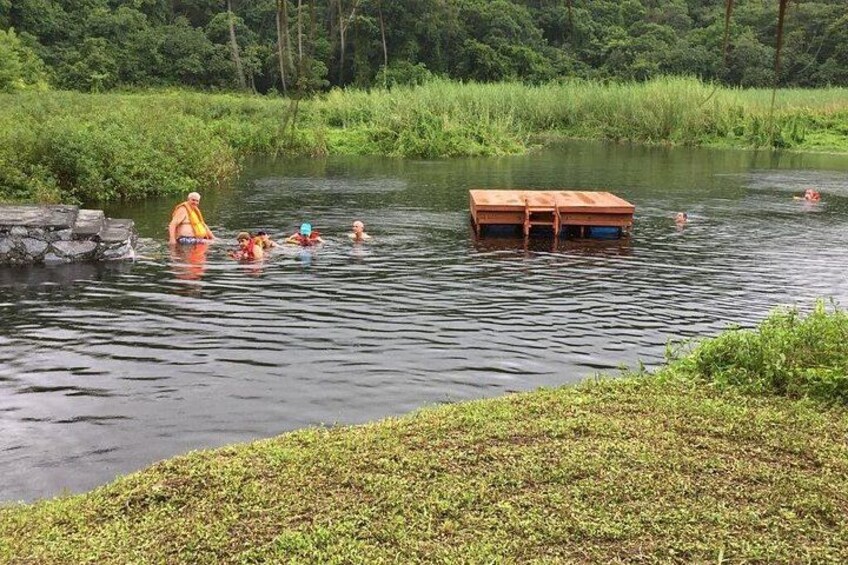 A group of people swimming in a natural water body surrounded by greenery. 3