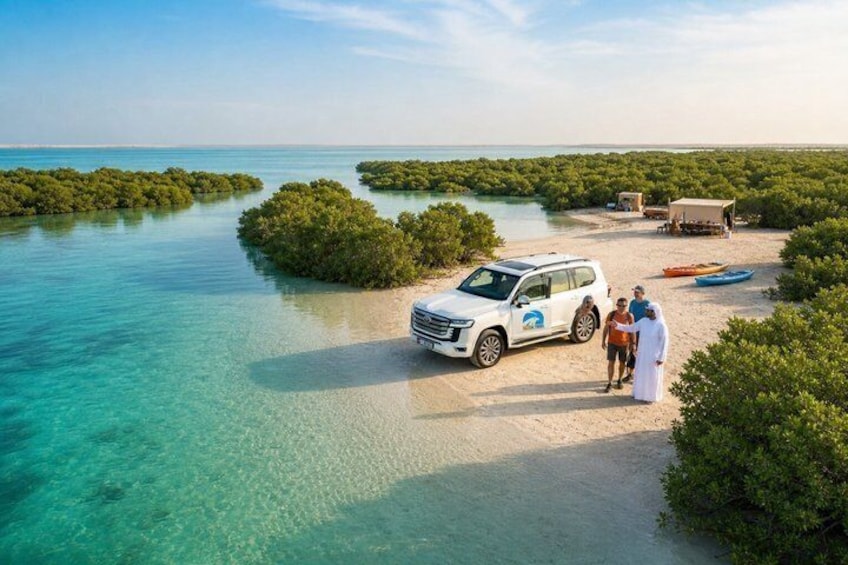 Ein weißes Fahrzeug parkt auf einem sandigen Strand, umgeben von Mangrovenwäldern. 3
