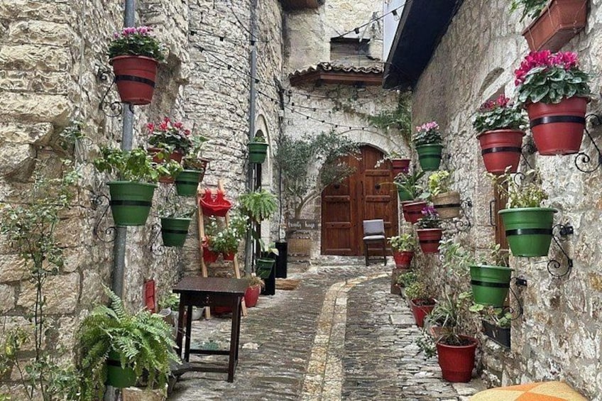 A narrow stone alley with hanging flower pots and a wooden door at the end. 3