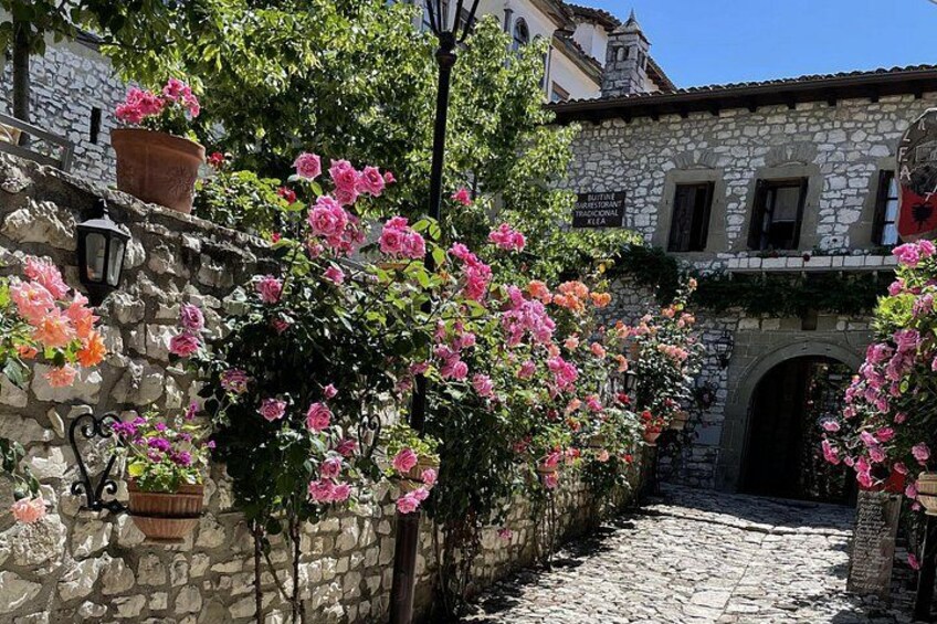 A cobblestone street with blooming pink roses, stone buildings, and a stone archway. 5