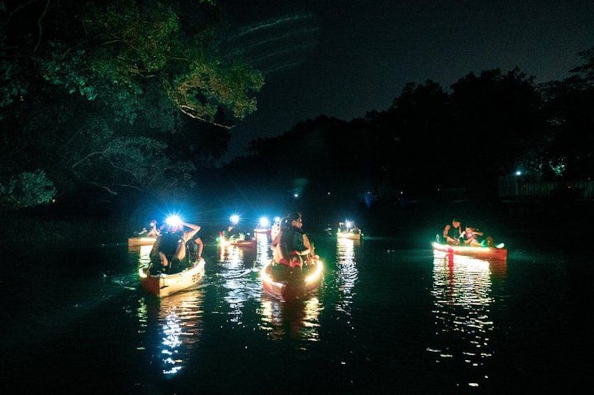 People in small boats on a river at night, illuminated by boat lights. 4