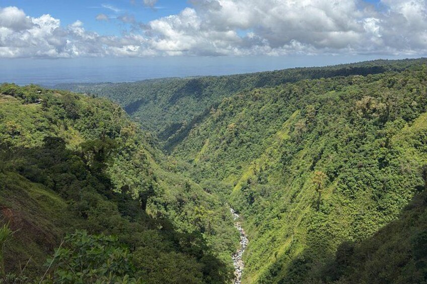 A lush green valley with a river running through it. 1