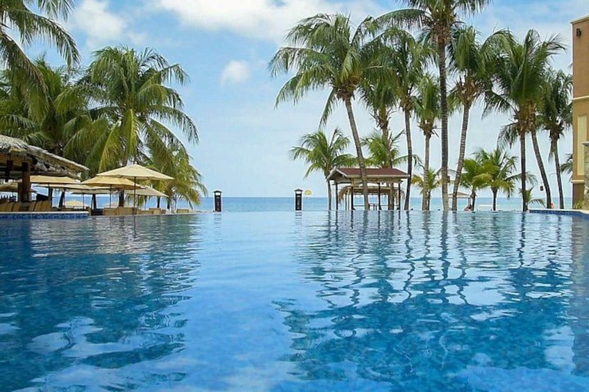 En vacker, turkosblå infinitypool med palmer och en strand i bakgrunden. 3