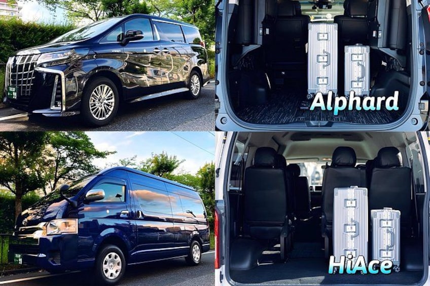 A blue van with a rear cargo area containing two large suitcases. 2