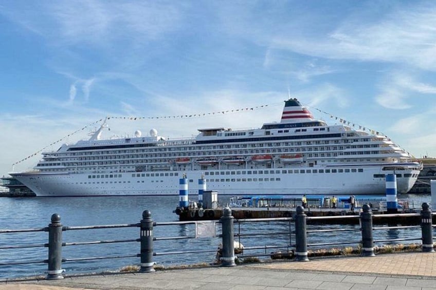 A large cruise ship docked at a port with a clear sky. 5