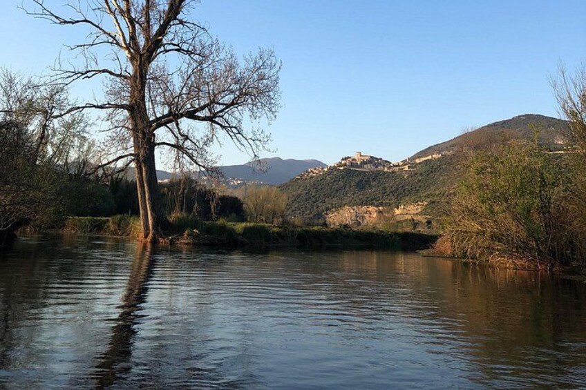 A river with a leafless tree, a calm water surface, and a hilly landscape in the background. 4