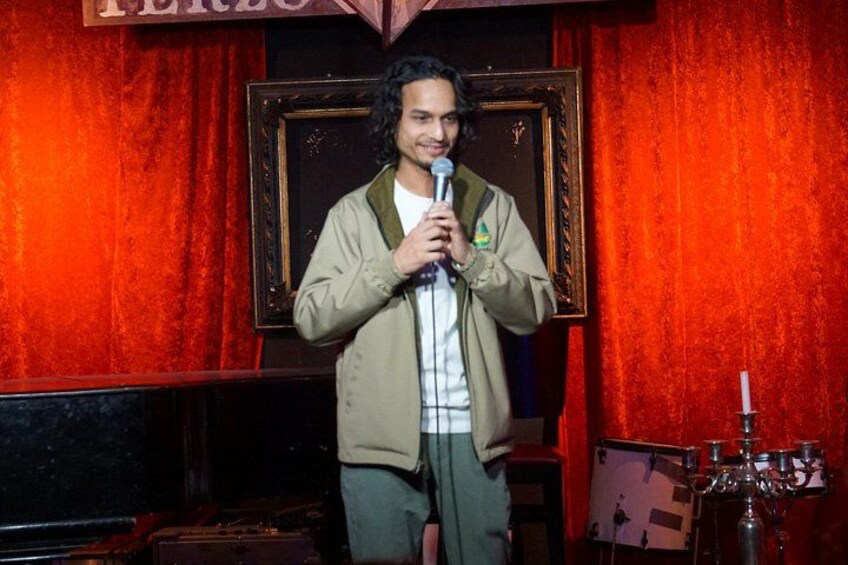 A person holding a microphone, standing in front of a red curtain with a framed picture on the wall. 3