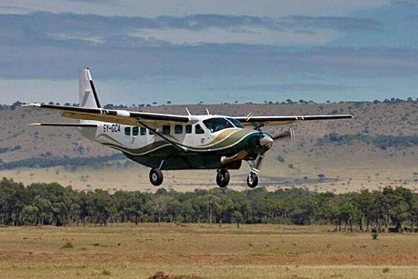 A small propeller plane with registration number N51-CCA flying over a grassy field with a forested hill in the background. 2