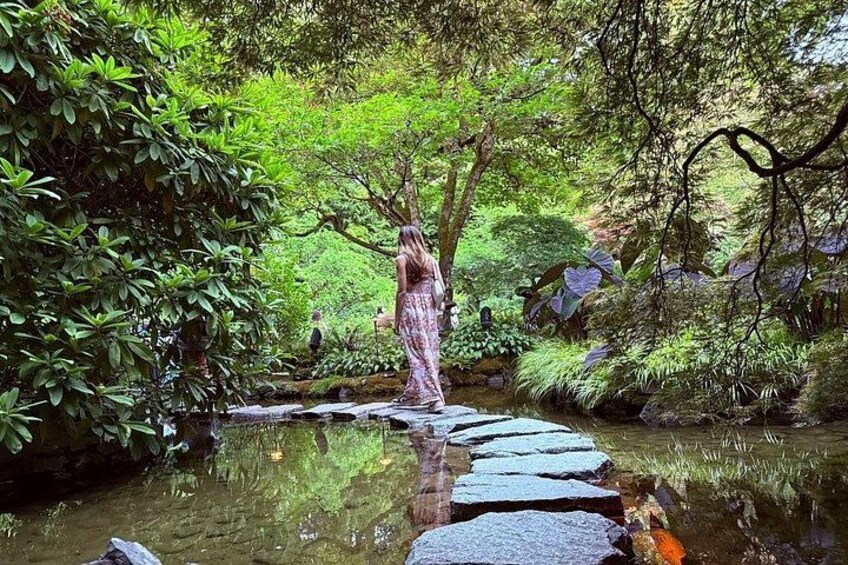 Une femme en robe marchant sur un sentier de pierres au milieu d’une forêt verdoyante et luxuriante. 3