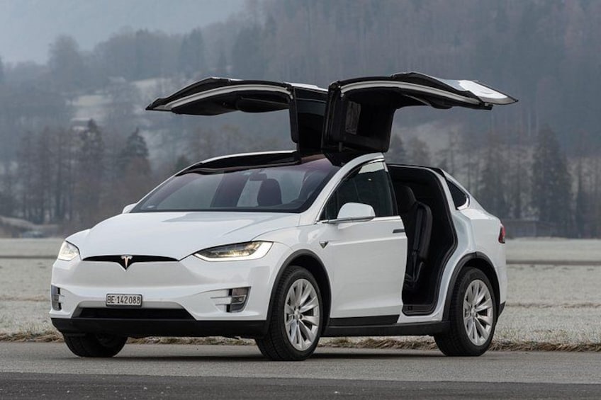 Ein weißes Tesla mit geöffneten hinteren Türen, abgestellt an einer Straße mit verschneiter Landschaft im Hintergrund. 2