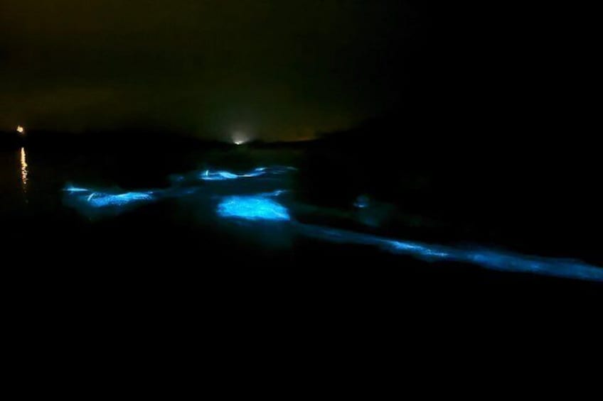 A dark landscape with a river illuminated by blue lights. 2