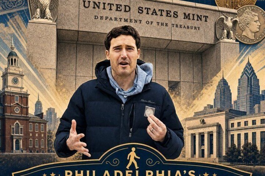 En person framför en bakgrund med USA:s myntverk och Philadelphias sigill. 1