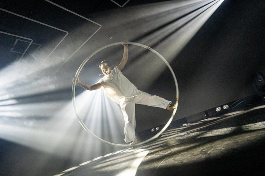 A person performing an aerial act with a hoop. 4