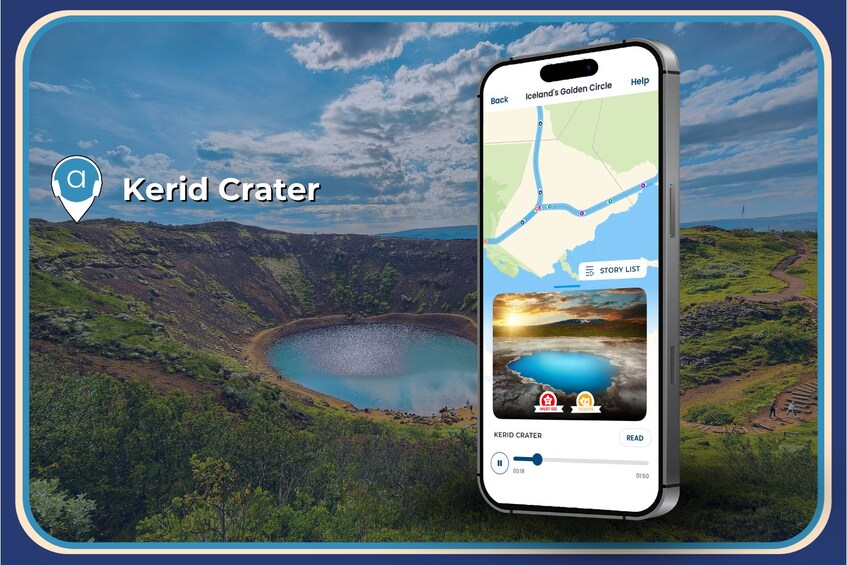 A smartphone displaying a map with a location marker for Kerid Crater, surrounded by a landscape with a crater lake. 4