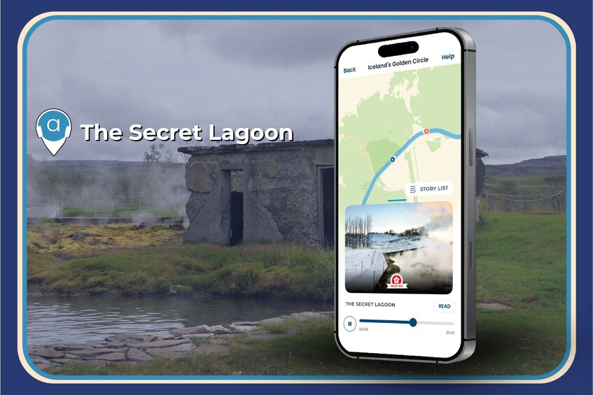 A smartphone displaying a map with a location marker, a story list, and a video player for 'The Secret Lagoon'. 2