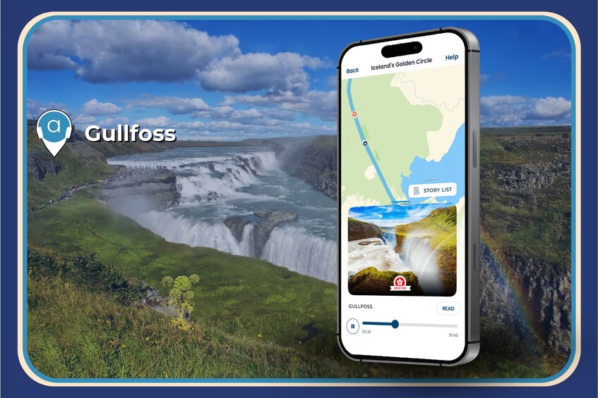 A smartphone displaying a map with Gullfoss waterfall, Iceland's Golden Circle, and a story list. 5