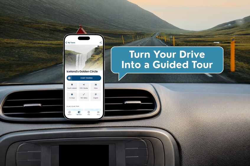 A smartphone mounted on a car dashboard displaying a travel app with a scenic road view. 3