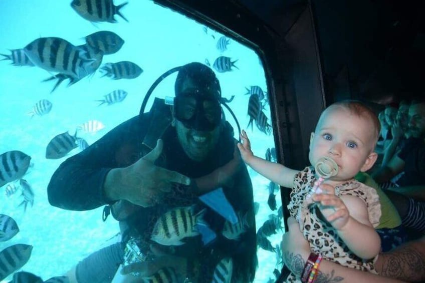Eine Person taucht mit einem Kind unter Wasser, umgeben von Fischen. 3