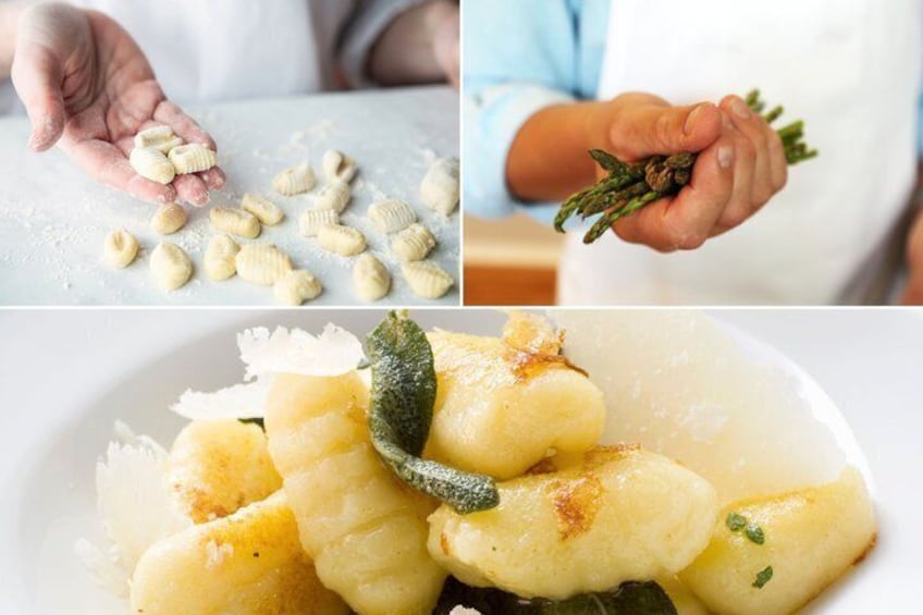 Una persona tiene pasta, un piatto di gnocchi al burro e salvia, e una mano che spolvera condimento. 1