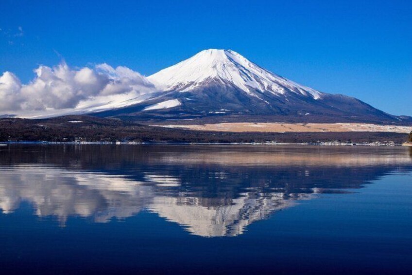 A snow-capped mountain reflected in a calm lake. 4