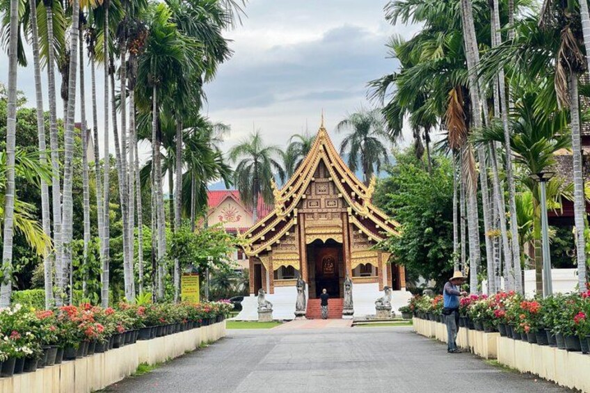 Ett traditionellt tempel med ett gyllene tak, omgivet av palmer och blomsterrabatter. 2
