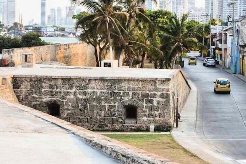 A coastal fortification with palm trees and a cityscape in the background. 2