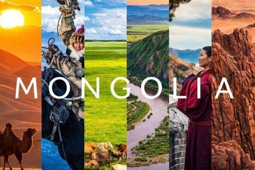 A camel, a person with a backpack, a river, and a rocky landscape. 1