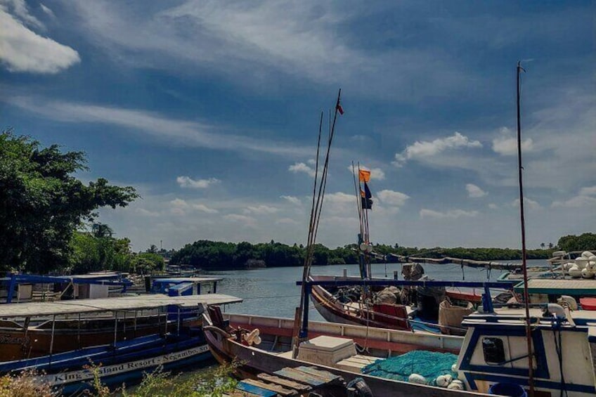 Un puerto deportivo con barcos amarrados, un asta con una bandera y un río con árboles al fondo. 2
