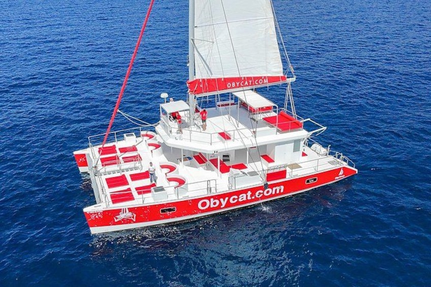 A red and white catamaran with the website 'Obycat.com' on its side, sailing on blue water. 3