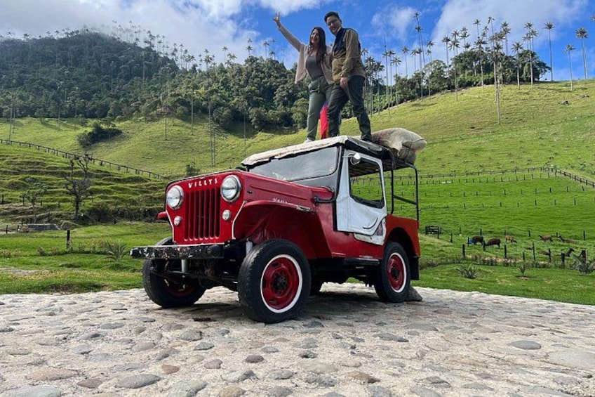 Een klassieke Willys Jeep rijdt over een geplaveid pad, met een stel op de motorkap, omringd door een weelderig groen landschap en palmbomen. 4