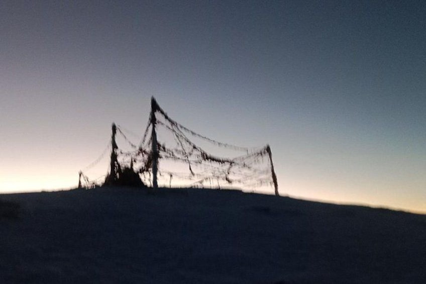 A snow-covered landscape with a large, intricate ice sculpture. 2