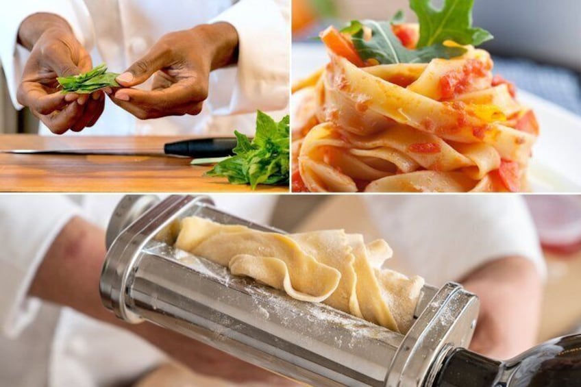 Hands preparing food, a pasta dish, and a pasta machine. 1