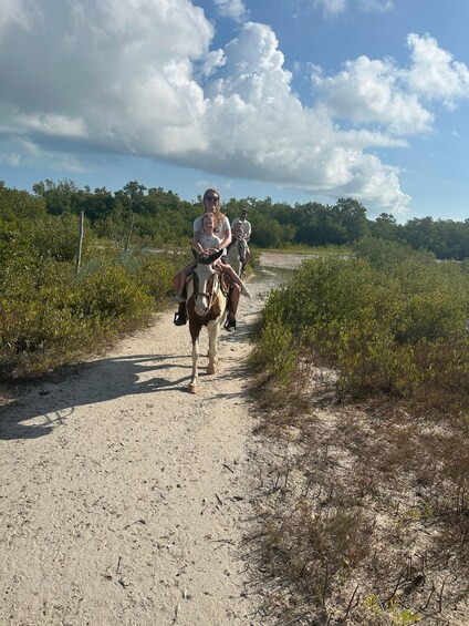 A dirt path with vegetation on either side, a horse and rider, and a person standing behind. 4
