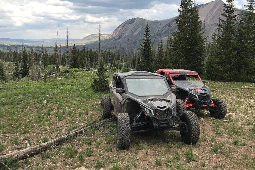 Dos vehículos todo terreno estacionados en un campo cubierto de hierba con montañas al fondo. 1