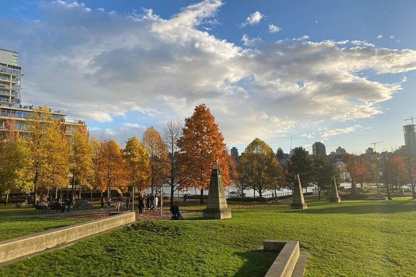 A park with autumn trees, a grassy area, and a city skyline in the background. 4