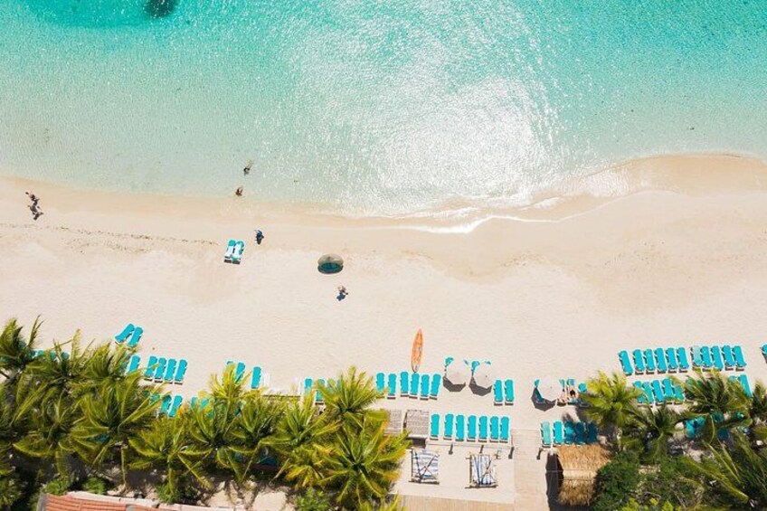 Una spiaggia con acque cristalline color turchese, file di sdraio blu e palme. 1