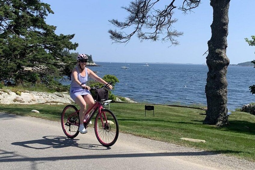 A person riding a bicycle on a road with a grassy area and a tree on the side. 1