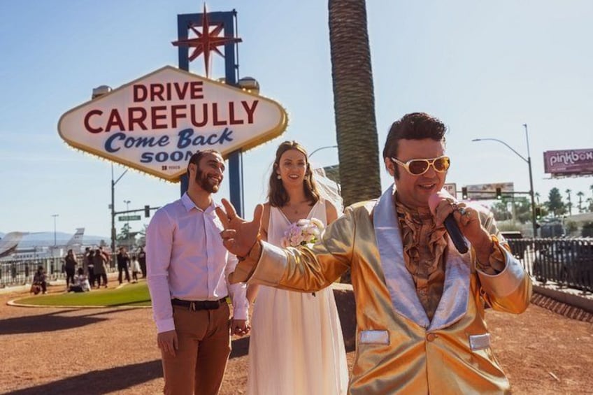 Gold Elvis Wedding or Vow Renewal at Las Vegas Sign 2