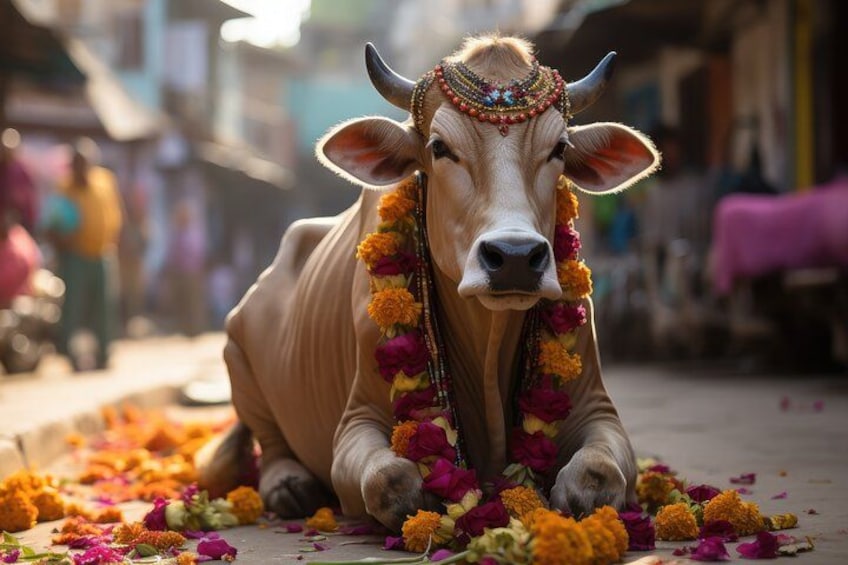 A cow adorned with colorful garlands lying on the ground amidst scattered flowers. 3