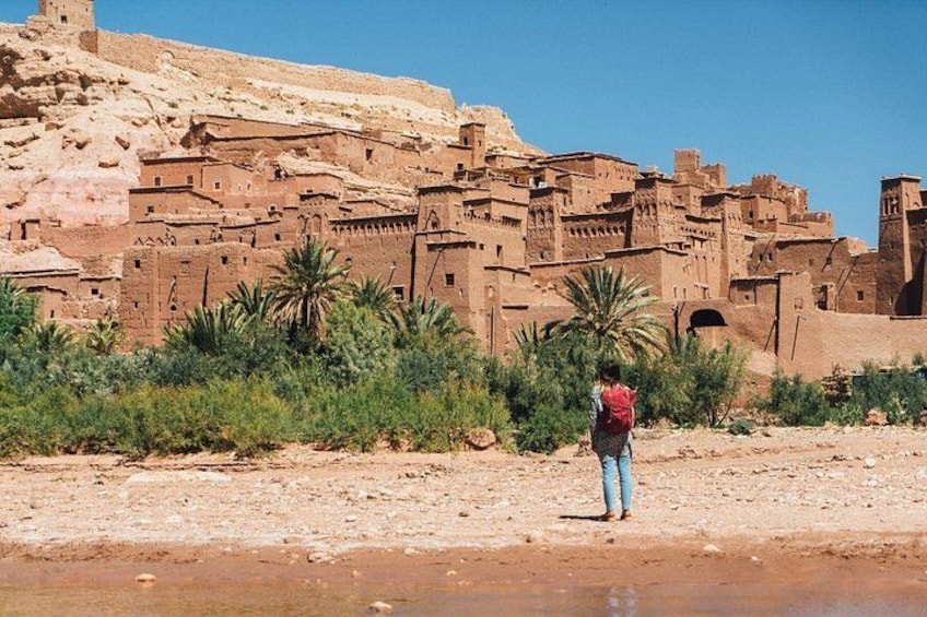 Una persona está de pie en un desierto con una gran ciudad antigua al fondo. 4