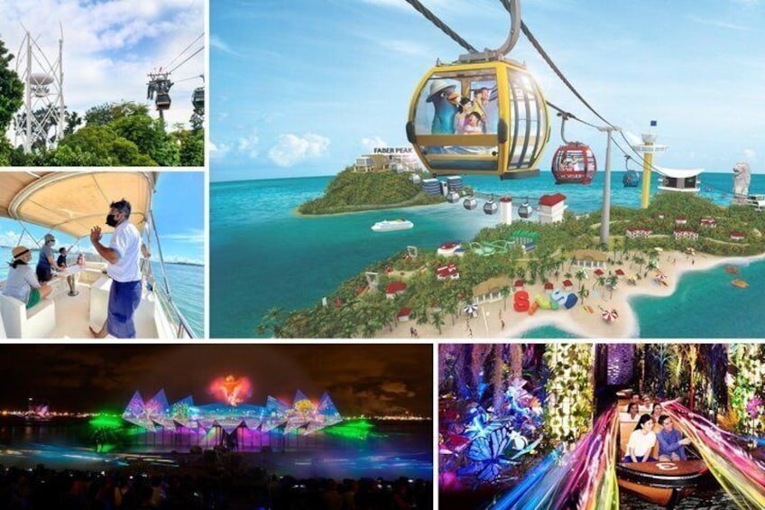 A cable car, a beach, a water park, a concert stage, and a boat ride. 1