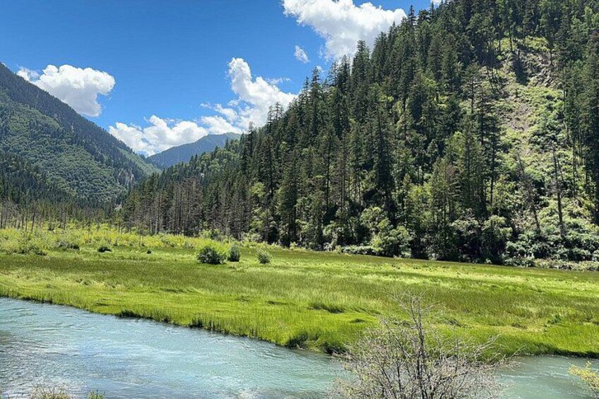 Une rivière serpente à travers une vallée verdoyante, avec en arrière-plan de hautes montagnes couvertes d’une forêt dense. 3